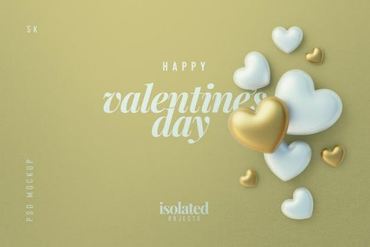 Free Happy Valentines Day Background Mockup With Gold And White Decorative Love Hearts Top View Psd