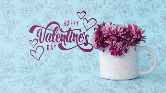 Free Happy Valentines Day Lettering Next To Cup With Flowers Psd