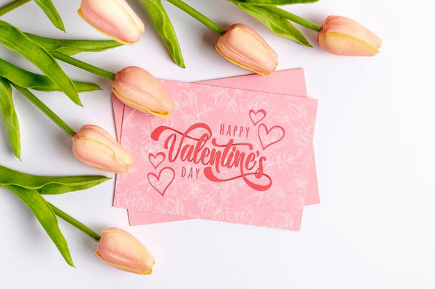 Free Happy Valentines Day Lettering On Pink Card Next To Tulips Psd