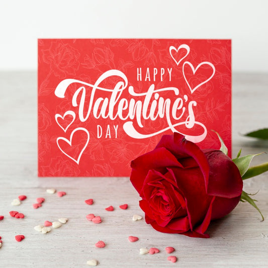 Free Happy Valentines Day Lettering On Red Card With Red Rose Psd