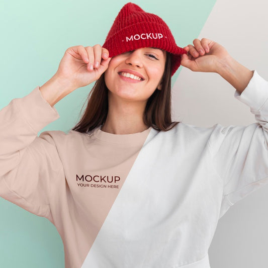 Free Happy Woman Wearing A Hoodie And A Blouse Mock-Up Psd