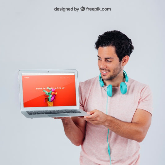 Free Happy Young Guy With Laptop'S Template Psd