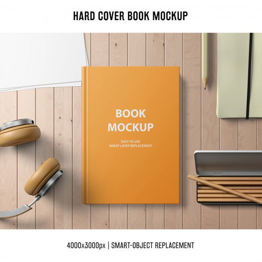 Free Hard Cover Book Mockup With Headphones And Pencils Psd