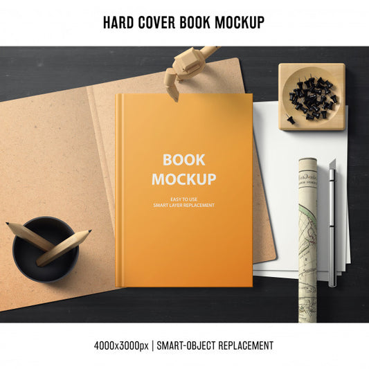 Free Hard Cover Book Mockup With Office Concept Psd