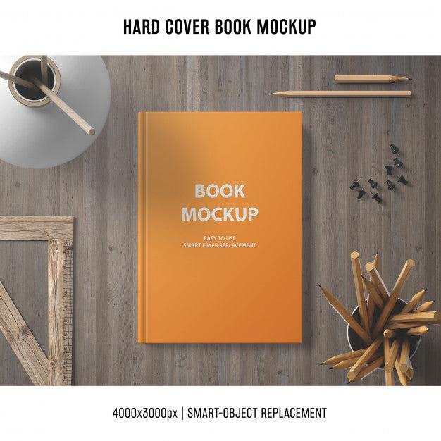 Free Hard Cover Book Mockup With Wooden Elements Psd