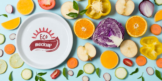 Free Healthy Food Mock-Up Plate With Slices Of Veggies And Fruit Psd