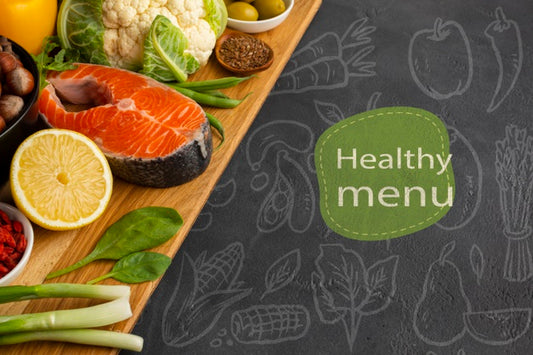Free Healthy Menu Concept With Fish And Veggies Psd