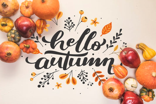 Free Hello Autumn Lettering With Fall Healthy Food Psd