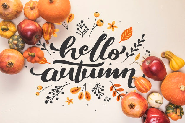 Free Hello Autumn Lettering With Fall Healthy Food Psd