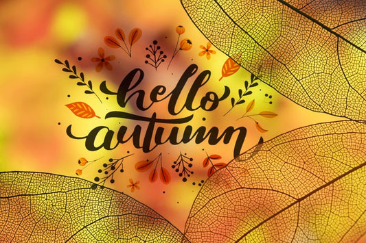Free Hello Autumn Lettering With Translucent Leaves Psd