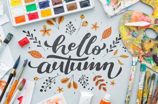 Free Hello Autumn Message With Acrylic Pallette And Brushes Psd
