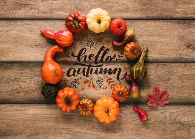 Free Hello Autumn Mock-Up Surrounded By Natural Decor Psd