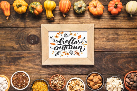 Free Hello Autumn Quote Mock-Up With Frame Of Dried Vegetables Psd