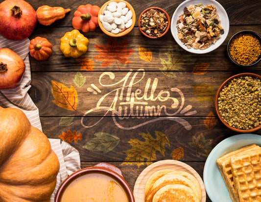 Free Hello Autumn Quote Surrounded By Delicious Fall Food Psd