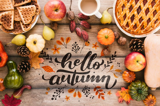 Free Hello Autumn Quote Surrounded By Delicious Food Psd