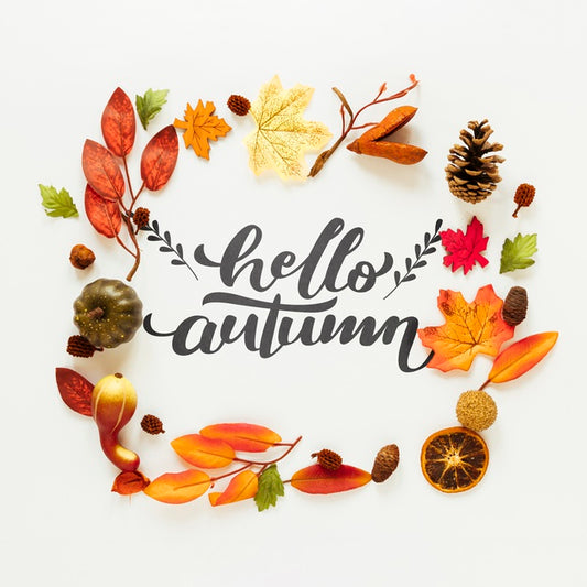 Free Hello Autumn Quote With Dried Leaves And Fruit Psd