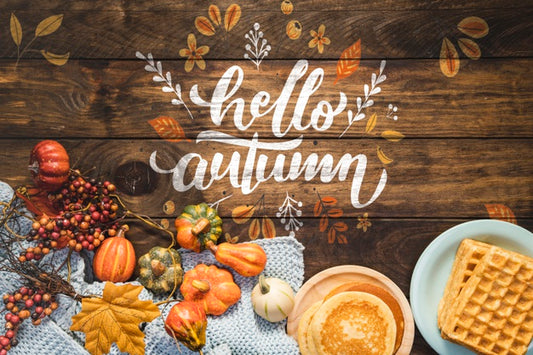 Free Hello Autumn Quote With Pancakes And Wooden Background Psd