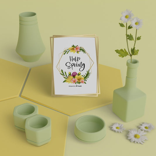 Free Hello Spring Card With 3D Vases Concept Psd
