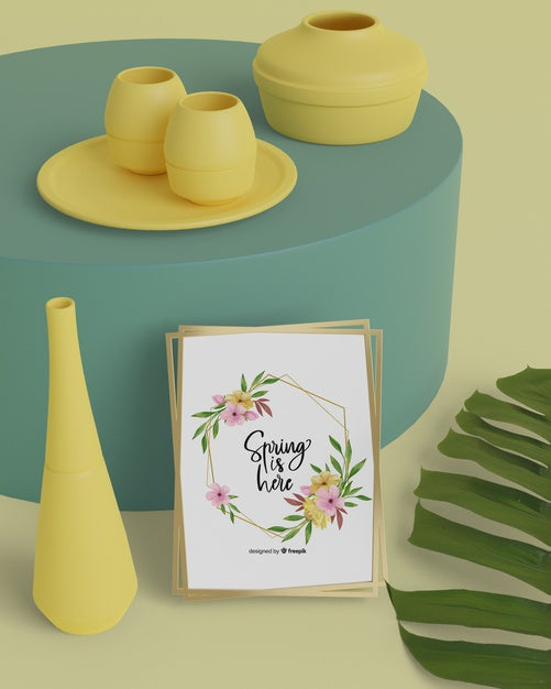 Free Hello Spring Card With 3D Vases Design Psd