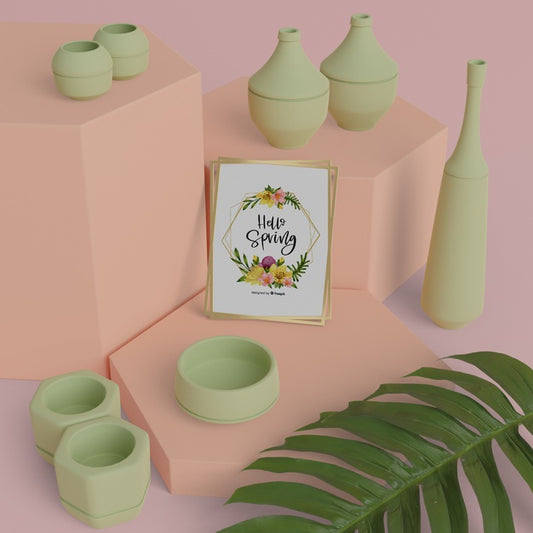Free Hello Spring Card With 3D Vases On Table Psd