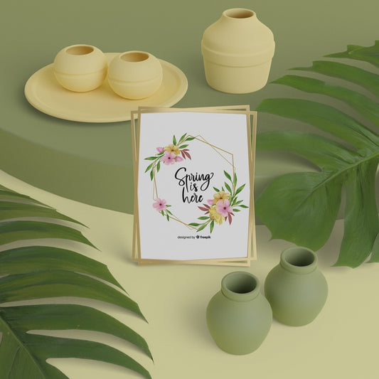 Free Hello Spring Card With 3D Vases Psd