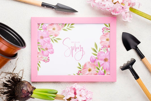 Free Hello Spring Mockup With Flowers Psd