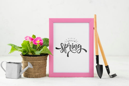 Free Hello Spring Mockup With Flowers Psd