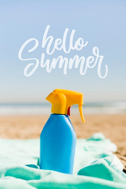 Free Hello Summer Bottle At The Beach Mockup Psd