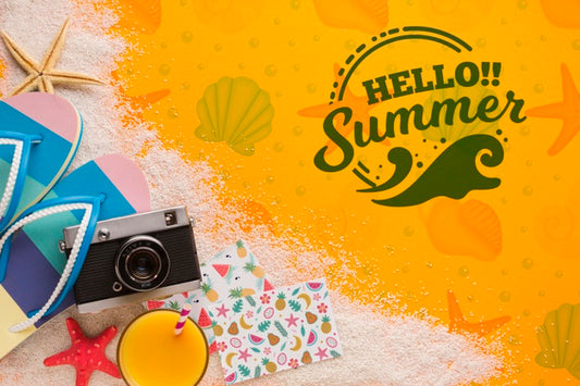 Free Hello Summer Concept With Flip Flops And Camera Psd