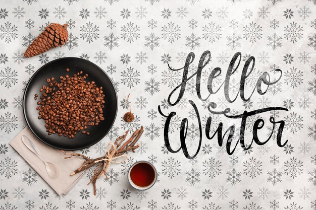 Free Hello Winter Message And Coffee On Table Psd