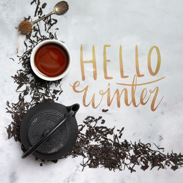 Free Hello Winter Message Beside Kettle With Tea Psd