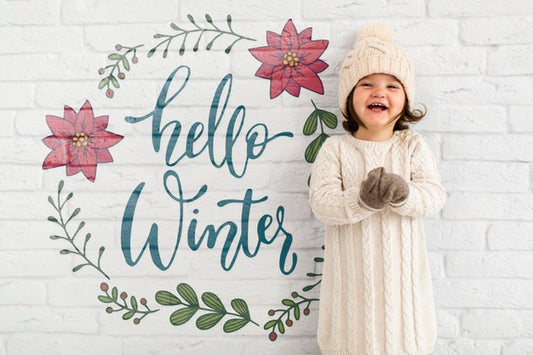 Free Hello Winter Mock-Up With Lovely Toddler Psd