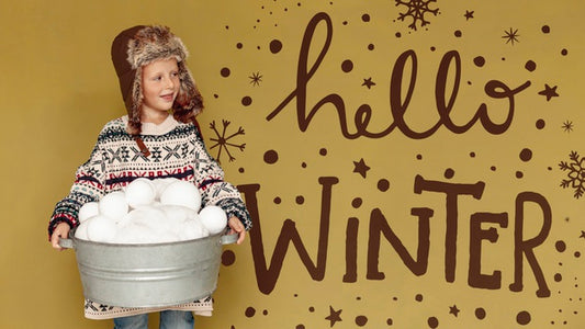Free Hello Winter Text And Boy With A Bucket Full Of Snowballs Psd