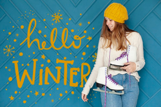 Free Hello Winter Text Lettering And Girl With Skates Psd