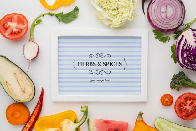 Free Herbs And Spices Card Surrounded By Veggies Psd