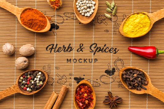 Free Herbs And Spices Mock-Up Surrounded By Spoons Filled With Foodstuff Psd