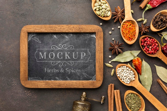 Free Herbs And Spices Mock-Up With Blackboard Psd