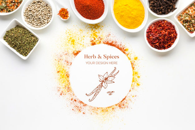 Free Herbs And Spices Mock-Up With Bowls Top View Psd