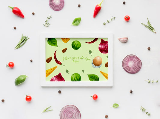 Free Herbs Mock-Up Frame Surrounded By Spices And Slices Of Veggies Psd