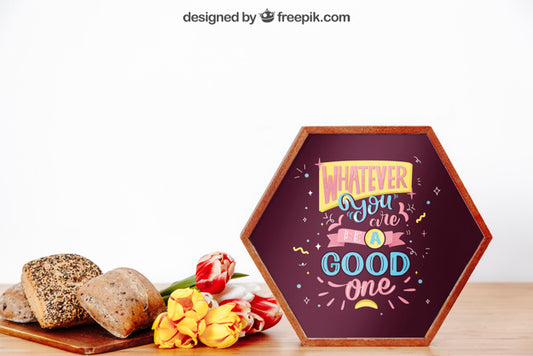Free Hexagonal Frame Mockup With Breakfast And Flowers Psd