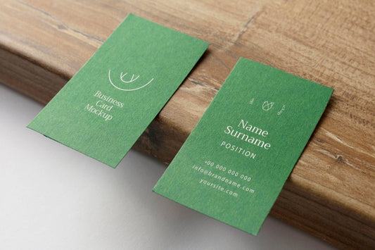 Free High Angle Business Cards On Wooden Board Psd