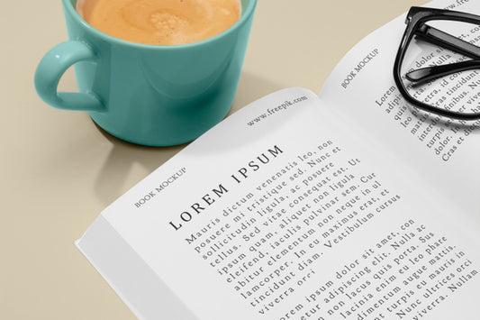 Free High Angle Coffee And Glasses With Open Book Mock-Up Psd