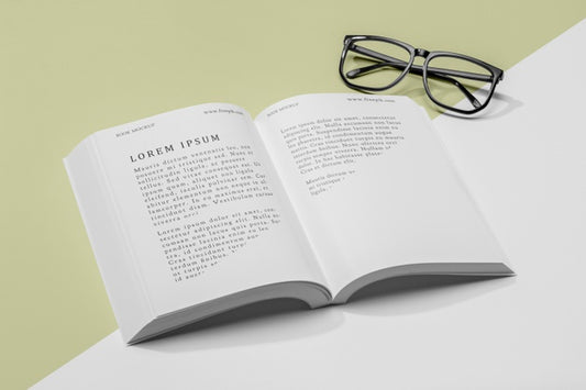 Free High Angle Glasses And Open Book Mock-Up Psd