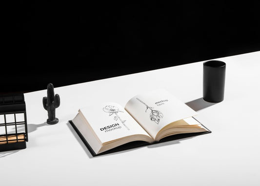 Free High Angle Of Book On Desk With Decorations Psd