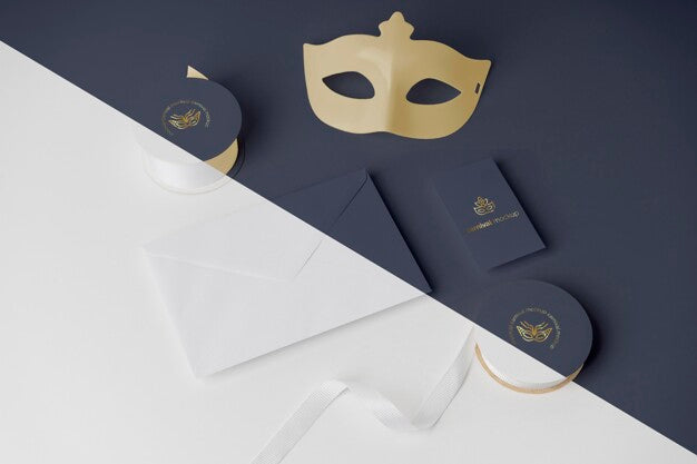 Free High Angle Of Carnival Invitation In Envelope With Tape And Mask Psd