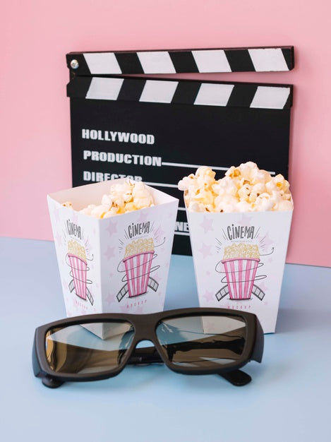 Free High Angle Of Clapperboard With Cinema Popcorn And Glasses Psd
