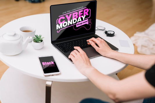 Free High Angle Of Cyber Monday Mock-Up On Desk Psd