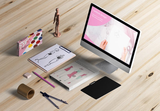 Free High Angle Of Designer Desk With Acuarelas Psd