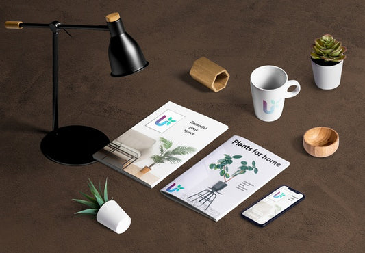 Free High Angle Of Desk Scene Creator With Plant Elements Psd