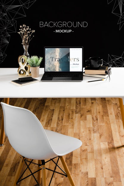 Free High Angle Of Desk With Laptop And Chair Psd